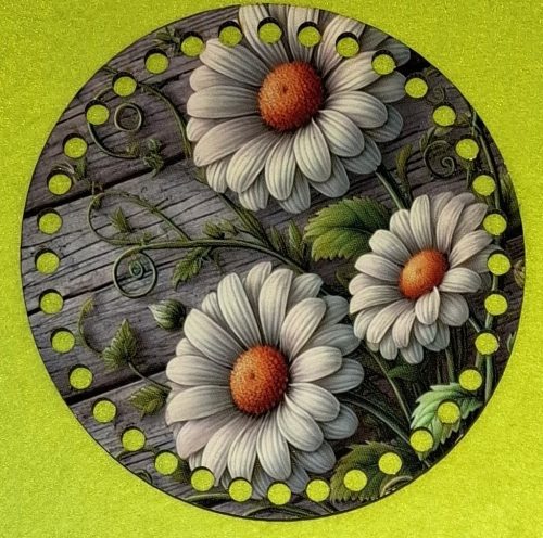 15cm Baza din lemn imprimata crosetabila cu gauri de 7 mm Fundal din scandura, model margarete 1 buc 15 cm grosime 2,5 mm