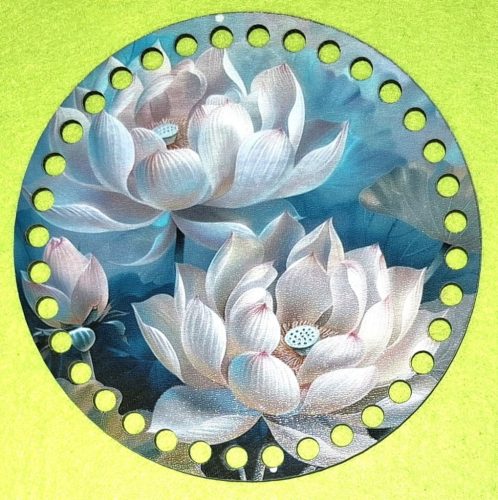 15cm Baza din lemn imprimata crosetabila cu gaura de 7 mm, nufar, 1 buc., 15 cm, grosime 2,5 mm 