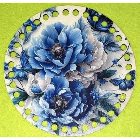   15cm Baza din lemn imprimata crosetabil cu gaura de 7 mm Fluture și floare albastre 1 buc. 15 cm grosime 2,5 mm