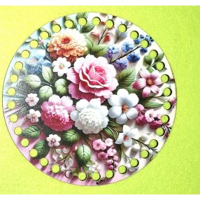   15cm Baza din lemn imprimata crosetabil cu gaura de 7 mm, model floral, 1 buc., 15 cm, grosime 2,5 mm. 