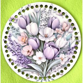   Bază din lemn imprimată pentru croșetat, 15 cm, cu găuri de 7 mm, model cu lalele mov – 1 buc. – diametru 15 cm, grosime 2,5 mm.