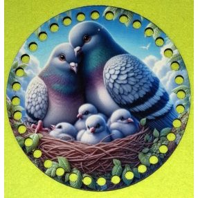   15cm Baza din lemn imprimata crosetabila cu gaura de 7 mm Pereche de porumbei cu pui 1 buc 15 cm grosime 2,5 mm 