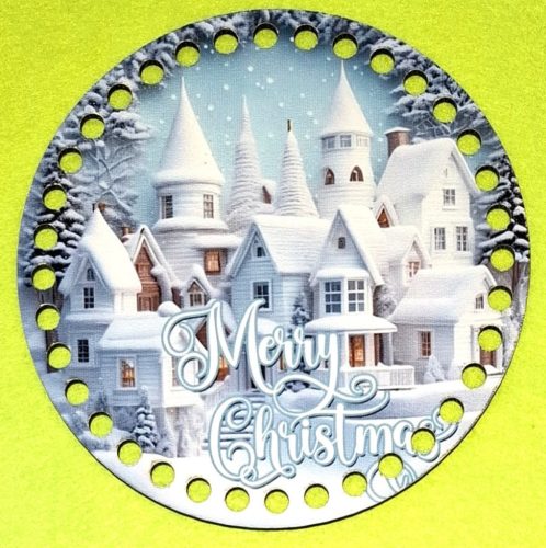 15cm Baza din lemn imprimata crosetabila Casute inzapezite cu inscriptia Crăciun Fericit, gaura de 7mm, 1 buc. 15cm, grosime 2,5mm