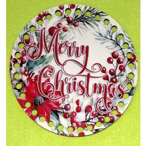   15cm Baza din lemn imprimata crosetabila cu inscriptia Poinsettia Crăciun Fericit, gaura de 7mm, 1 buc., 15cm, grosime de 2,5mm. 