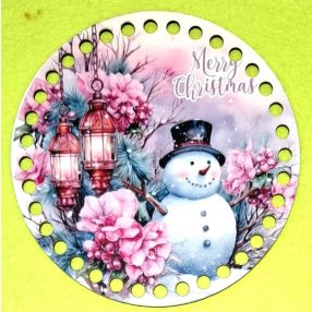   15cm Baza din lemn imprimata crosetabil Om de zapada printre flori roz cu inscriptia Crăciun Fericit gaura 7mm 1 buc 15cm grosime 2.5mm 