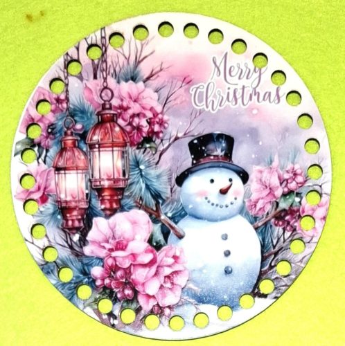15cm Baza din lemn imprimata crosetabil Om de zapada printre flori roz cu inscriptia Crăciun Fericit gaura 7mm 1 buc 15cm grosime 2.5mm 