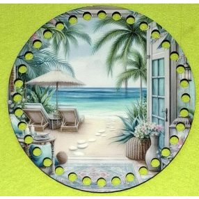   15cm Baza din lemn imprimata crosetabil cu palmier si usa cu vedere la mare, cu gaura de 7 mm, 1 buc., 15 cm, grosime 2,5 mm 