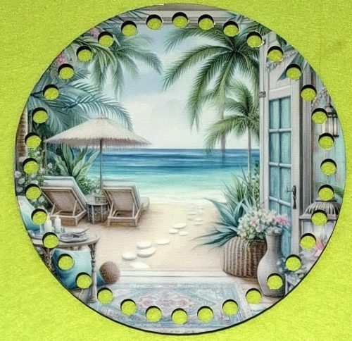 15cm Baza din lemn imprimata crosetabil cu palmier si usa cu vedere la mare, cu gaura de 7 mm, 1 buc., 15 cm, grosime 2,5 mm 