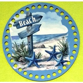   15cm Baza din lemn imprimata crosetabil, stea de mare albastra plaja. Gaura de 7 mm, 1 buc., 15 cm, grosime de 2,5 mm. 