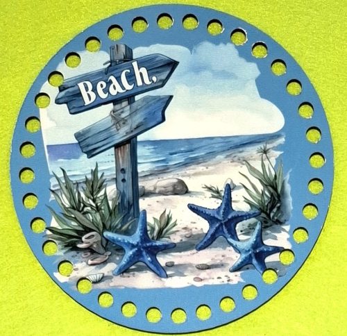 15cm Baza din lemn imprimata crosetabil, stea de mare albastra plaja. Gaura de 7 mm, 1 buc., 15 cm, grosime de 2,5 mm. 