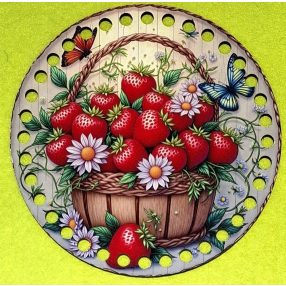   15cm Cosulet cu capsuni, model fluture, cu baza din lemn imprimata, crosetabil, cu gaura de 7 mm, 1 buc., 15 cm, grosime 2,5 mm. 