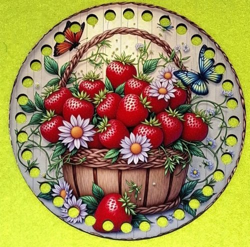 15cm Cosulet cu capsuni, model fluture, cu baza din lemn imprimata, crosetabil, cu gaura de 7 mm, 1 buc., 15 cm, grosime 2,5 mm. 