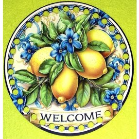   15cm Baza din lemn imprimata crosetabil, ciorchine de lamaie cu inscriptie de bun venit, gaura de 7 mm, 1 buc. 15 cm, grosime 2,5 mm. 