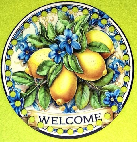 15cm Baza din lemn imprimata crosetabil, ciorchine de lamaie cu inscriptie de bun venit, gaura de 7 mm, 1 buc. 15 cm, grosime 2,5 mm. 