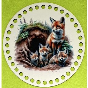   15cm Baza din lemn imprimata crosetabila cu o familie de vulpi, cu gaura de 7 mm, 1 buc., 15 cm, grosime 2,5 mm 