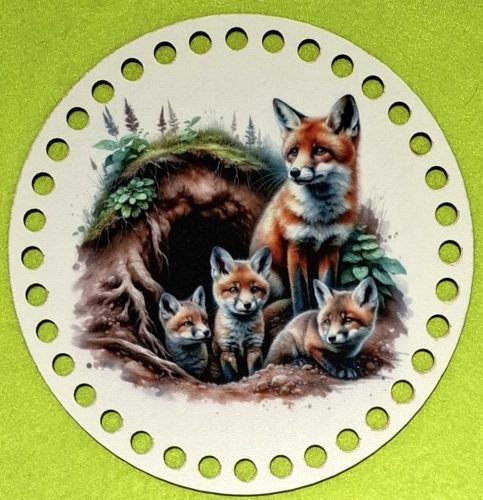 15cm Baza din lemn imprimata crosetabila cu o familie de vulpi, cu gaura de 7 mm, 1 buc., 15 cm, grosime 2,5 mm 