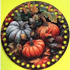   Baza din lemn imprimata crosetabila, dovleci între frunze cu gaura de 7 mm, 1 buc., 15 cm, grosime 2,5 mm 