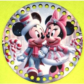  15cm Baza din lemn imprimata crosetabila Mickey și Minnie pe o strada pietonala cu gauri de 7 mm 1 buc 15 cm grosime 2,5 mm 