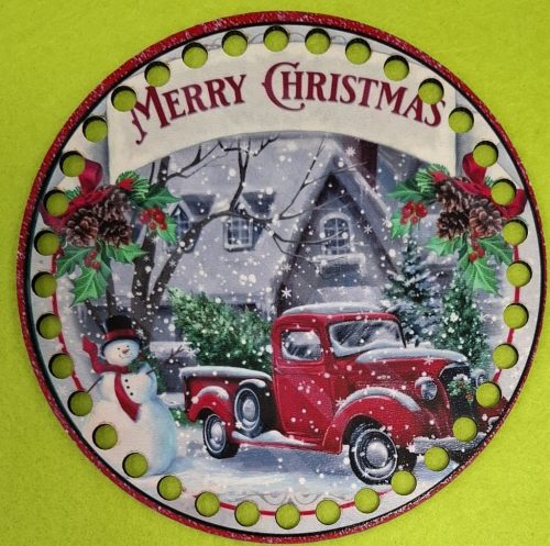 15cm Baza din lemn imprimata crosetabikla Masina rosie, bordată cu inscriptia Crăciun Fericit.Gaura de 7mm 1 buc 15cm Grosime 2.5mm 