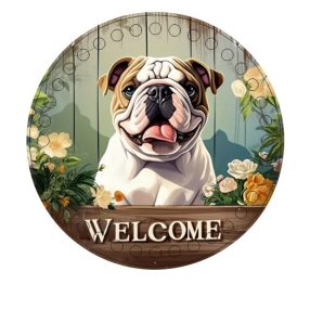   15cm Baza din lemn imprimata crosetabila, buldog englez cu inscriptie de bun venit, gaura de 7 mm, 1 buc., grosime 15 cm, 2,5 mm. 