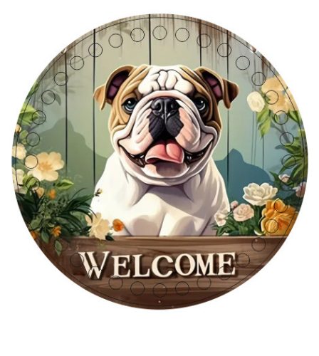 15cm Baza din lemn imprimata crosetabila, buldog englez cu inscriptie de bun venit, gaura de 7 mm, 1 buc., grosime 15 cm, 2,5 mm. 