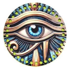   Baza din lemn natural crosetabil  imprimat cu model Ochiul care vede tot cu gaura de 7mm, 15cm, grosime 2,5mm