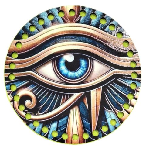 Baza din lemn natural crosetabil  imprimat cu model Ochiul care vede tot cu gaura de 7mm, 15cm, grosime 2,5mm