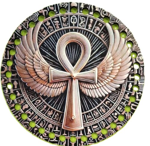 Baza din lemn natural crosetabil imprimat cu model in forma  de cruce egiptean cu gaura de 7mm, 15cm, grosime 2,5mm