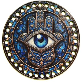   Baza din lemn natural crosetabil mana albastra Fatima imprimat cu model Ochiul care vede tot cu gaura de 7mm, 15cm, grosime 2,5mm