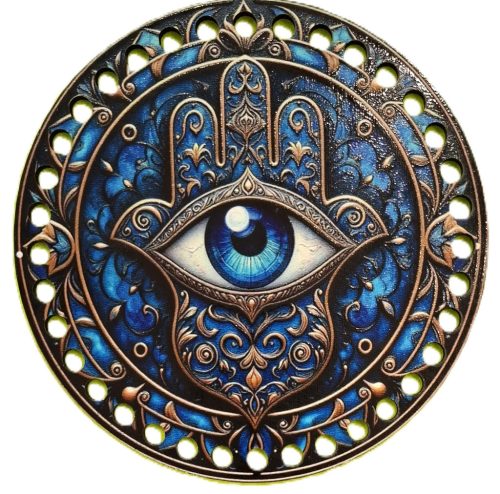 Baza din lemn natural crosetabil mana albastra Fatima imprimat cu model Ochiul care vede tot cu gaura de 7mm, 15cm, grosime 2,5mm