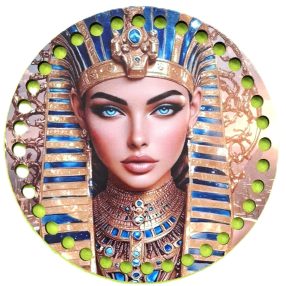   Baza din lemn natural crosetabil imprimat cu model in forma regina egipteana cu gaura de 7mm, 15cm, grosime 2,5mm, 