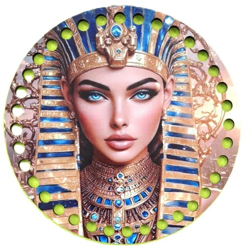 Baza din lemn natural crosetabil imprimat cu model in forma regina egipteana cu gaura de 7mm, 15cm, grosime 2,5mm, 