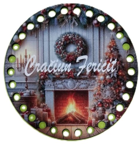 Baza din lemn crosetabil de 12cm in forma de semineu cu inscriptia Craciun Fericit˘  Cugaura de 7mm, 1 bucata, grosime 2,5mm.