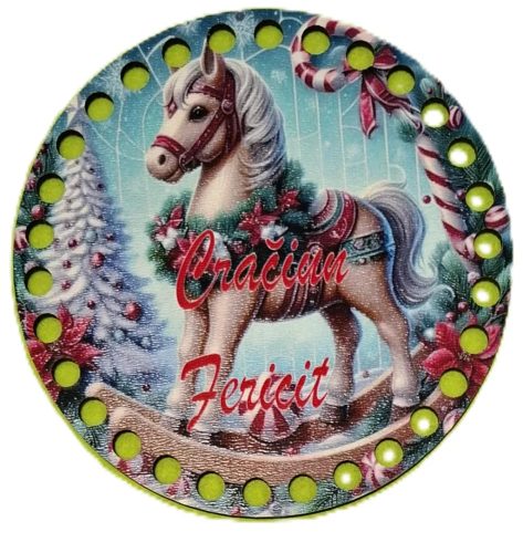 12cm Baza din lemn crosetabil  imprimat Cal balansoar cu inscripție de Craciun Fericit˘. Cu gaura de 7mm, 1 bucata, grosime 2,5mm.