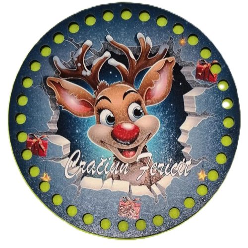 Ciobanus crosetat din lemn imprimat cu gaura  de 7 mm, inscriptia Rudolf de Crăciun Fericit, 1 bucata, 15cm, grosime 2,5mm.