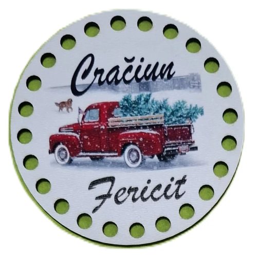 8cm Baza din lemn imprimata crosetabila circular,  masina rosie, cu inscriptia Craciun Fericit Crá gaura de 5 mm, 1 buc., 8 cm, grosime de 2,5 mm.  
