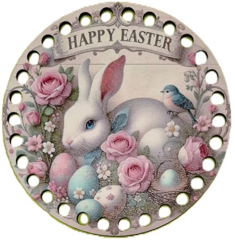 Baza din lemn imprimata crosetabil cu gaura de 7 mm Iepuras alb cu flori Inscriptie Happy Easter , 1 bucata/pachet, grosime 2,5 mm. 