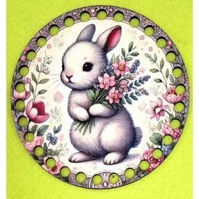   12cm Baza din lemn imprimata crosetabil Iepuras alb cu buchet de flori cu  7mm, 1 bucata/pachet, grosime 3mm. 