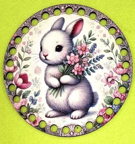 12cm Baza din lemn imprimata crosetabil Iepuras alb cu buchet de flori cu  7mm, 1 bucata/pachet, grosime 3mm. 