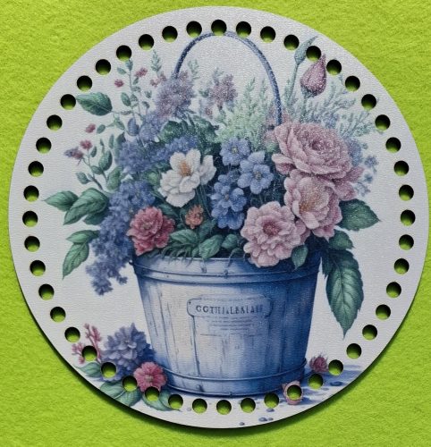 15cm Baza din lemn imprimata crosetabila cu gaura de 7 mm Buchet de flori cu galeata metalica si inscriptia Buna ziua, primavara. 1bucata/pachet, 15cm, grosime 2,5mm