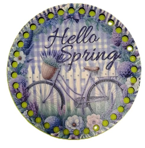 15cm Baza din lemn imprimata crosetabil, bicicleta mov, fundal lavanda cu inscriptia Buna ziua, primavara. Cu gaura de 7mm, 1buc/pachet, grosime 3mm.