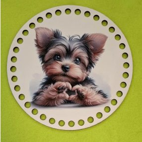   Bază din lemn imprimată pentru croșetat, 15 cm, cu găuri de 7 mm, model cățeluș Yorkshire Terrier – 1 buc. – diametru 15 cm, grosime 3 mm