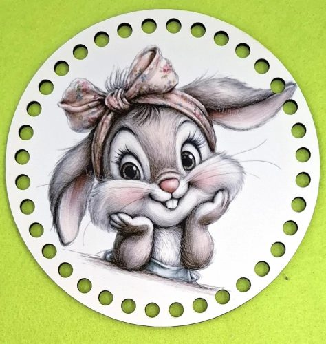 Bază din lemn imprimată pentru croșetat, 15 cm, cu găuri de 7 mm, model iepurașă drăguță – 1 buc. – diametru 15 cm, grosime 3 mm