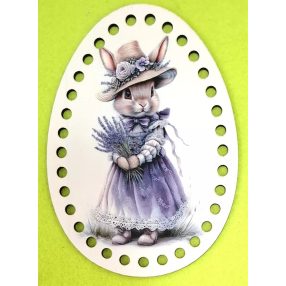   Ou, bază din lemn imprimată pentru croșetat, cu găuri de 6 mm, model iepurașă cu buchet de lavandă – 1 buc./pachet – dimensiune 11 × 15 cm, grosime 3 mm.