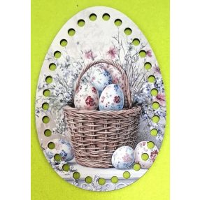   Ou, bază din lemn imprimată pentru croșetat, cu găuri de 6 mm, model coș cu ouă – 1 buc./pachet – dimensiune 11 × 15 cm, grosime 3 mm.