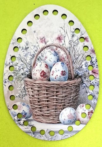 Ou, bază din lemn imprimată pentru croșetat, cu găuri de 6 mm, model coș cu ouă – 1 buc./pachet – dimensiune 11 × 15 cm, grosime 3 mm.