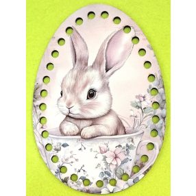   Ou, bază din lemn imprimată pentru croșetat, cu găuri de 6 mm, model iepuraș într-o ceașcă de ceai – 1 buc./pachet – dimensiune 11 × 15 cm, grosime 3 mm.