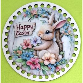   Bază din lemn imprimată pentru croșetat, 15 cm, cu găuri de 7 mm, model iepuraș cu flori colorate – 1 buc. – diametru 15 cm, grosime 2,5 mm.