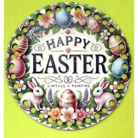   Bază din lemn imprimată pentru croșetat, 15 cm, cu găuri de 7 mm, model coroniță din ouă, cu inscripția „Happy Easter” – 1 buc. – diametru 15 cm, grosime 2,5 mm.