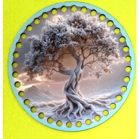   Bază din lemn imprimată pentru croșetat, 15 cm, cu găuri de 7 mm, model arborele vieții alb – 1 buc. – diametru 15 cm, grosime 2,5 mm.